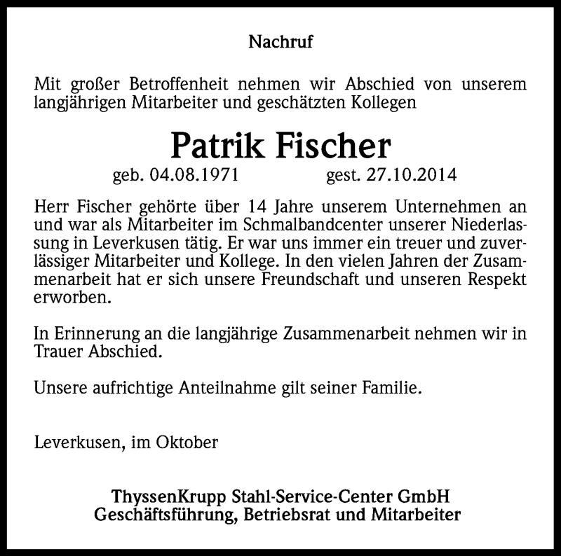  Traueranzeige für Patrik Fischer vom 01.11.2014 aus Kölner Stadt-Anzeiger / Kölnische Rundschau / Express