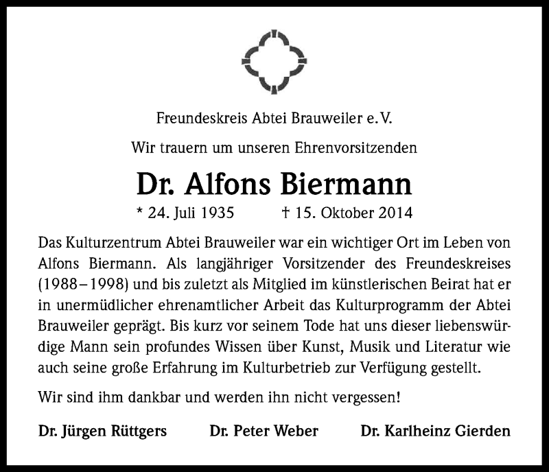  Traueranzeige für Alfons Biermann vom 01.11.2014 aus Kölner Stadt-Anzeiger / Kölnische Rundschau / Express