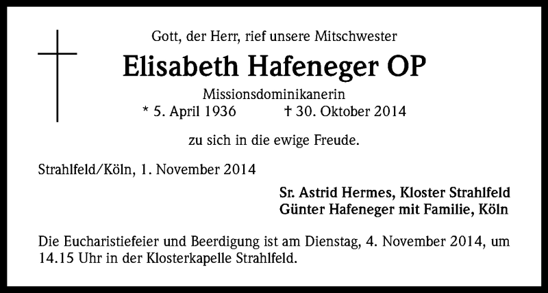  Traueranzeige für Elisabeth Hafeneger vom 01.11.2014 aus Kölner Stadt-Anzeiger / Kölnische Rundschau / Express