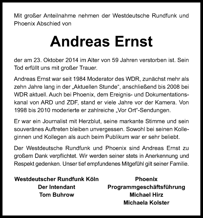  Traueranzeige für Andreas Ernst vom 01.11.2014 aus Kölner Stadt-Anzeiger / Kölnische Rundschau / Express