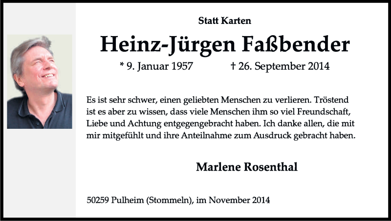  Traueranzeige für Heinz-Jürgen Faßbender vom 08.11.2014 aus Kölner Stadt-Anzeiger / Kölnische Rundschau / Express