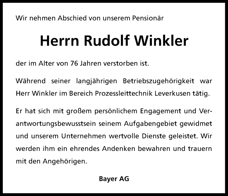  Traueranzeige für Rudolf Winkler vom 05.11.2014 aus Kölner Stadt-Anzeiger / Kölnische Rundschau / Express