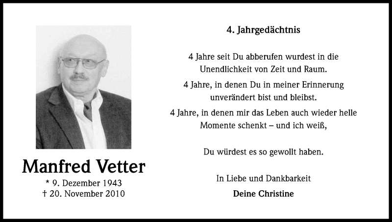  Traueranzeige für Manfred Vetter vom 20.11.2014 aus Kölner Stadt-Anzeiger / Kölnische Rundschau / Express