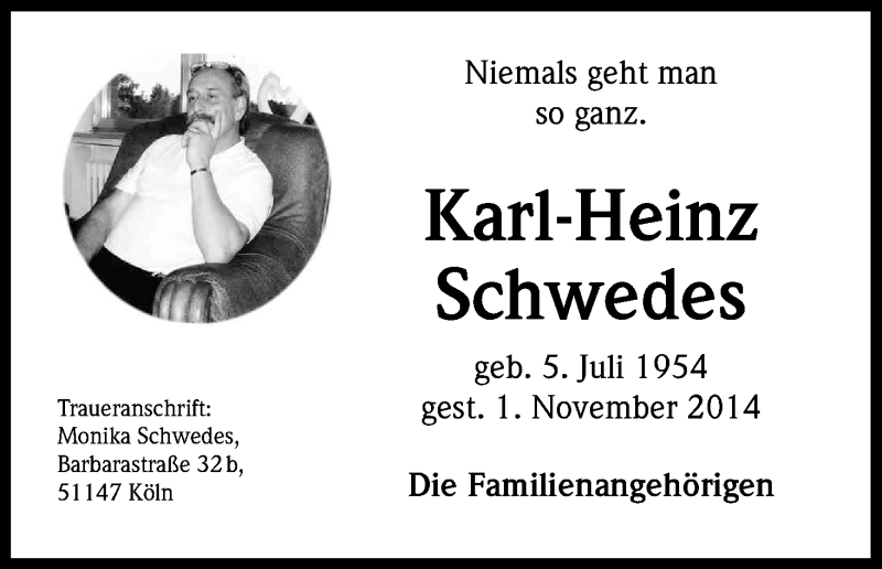  Traueranzeige für Karl-Heinz Schwedes vom 08.11.2014 aus Kölner Stadt-Anzeiger / Kölnische Rundschau / Express