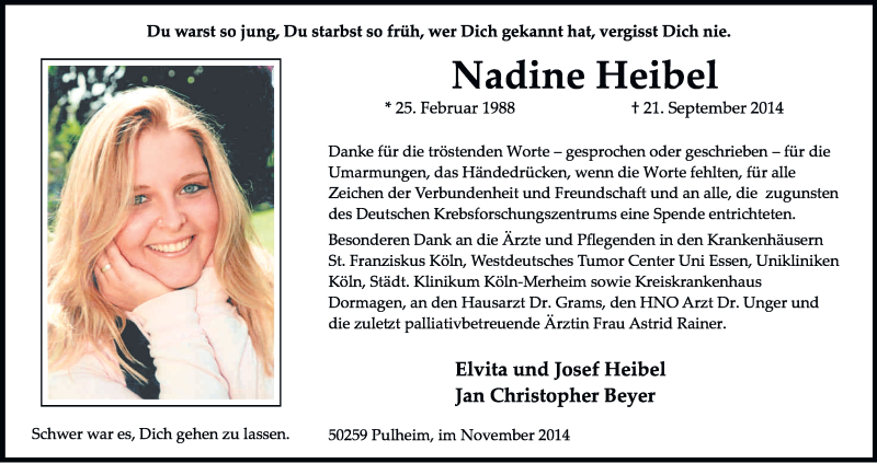  Traueranzeige für Nadine Heibel vom 08.11.2014 aus Kölner Stadt-Anzeiger / Kölnische Rundschau / Express