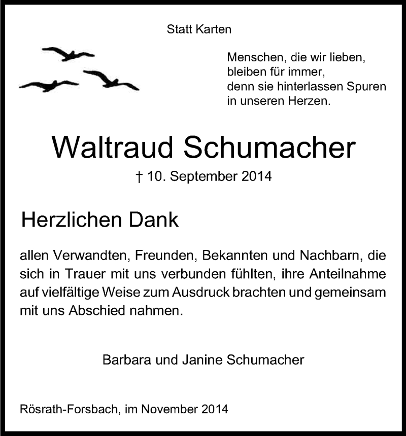  Traueranzeige für Waltraud Schumacher vom 08.11.2014 aus Kölner Stadt-Anzeiger / Kölnische Rundschau / Express