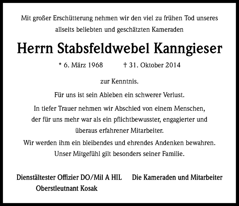  Traueranzeige für Stabsfeldwebel Kanngieser vom 08.11.2014 aus Kölner Stadt-Anzeiger / Kölnische Rundschau / Express