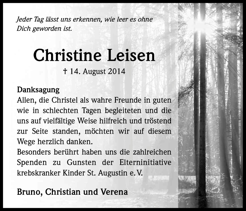  Traueranzeige für Christine Leisen vom 14.11.2014 aus Kölner Stadt-Anzeiger / Kölnische Rundschau / Express