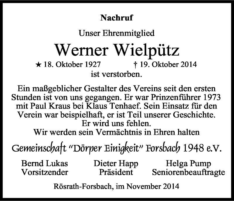  Traueranzeige für Werner Wielpütz vom 12.11.2014 aus Kölner Stadt-Anzeiger / Kölnische Rundschau / Express