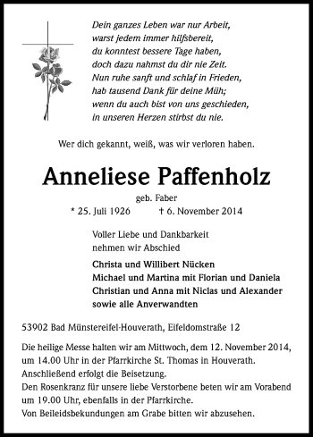 Anzeige von Anneliese Paffenholz von Kölner Stadt-Anzeiger / Kölnische Rundschau / Express