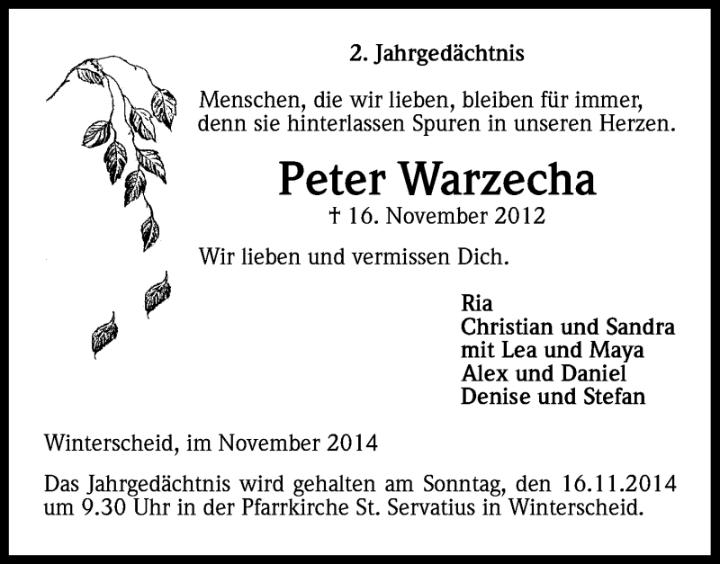  Traueranzeige für Peter Warzecha vom 15.11.2014 aus Kölner Stadt-Anzeiger / Kölnische Rundschau / Express