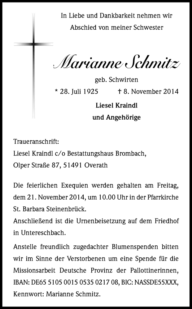  Traueranzeige für Marianne Schmitz vom 15.11.2014 aus Kölner Stadt-Anzeiger / Kölnische Rundschau / Express