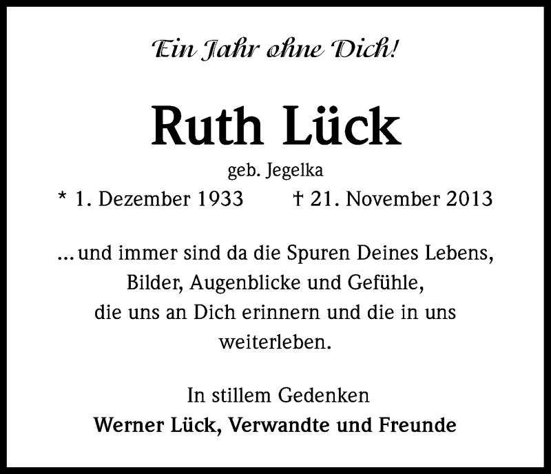  Traueranzeige für Ruth Lück vom 21.11.2014 aus Kölner Stadt-Anzeiger / Kölnische Rundschau / Express