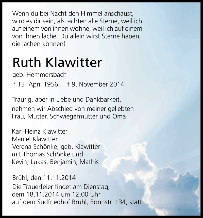  Traueranzeige für Ruth Klawitter vom 13.11.2014 aus Kölner Stadt-Anzeiger / Kölnische Rundschau / Express