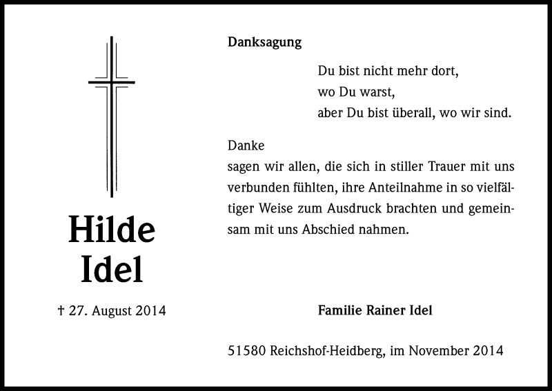  Traueranzeige für Hilde Idel vom 15.11.2014 aus Kölner Stadt-Anzeiger / Kölnische Rundschau / Express