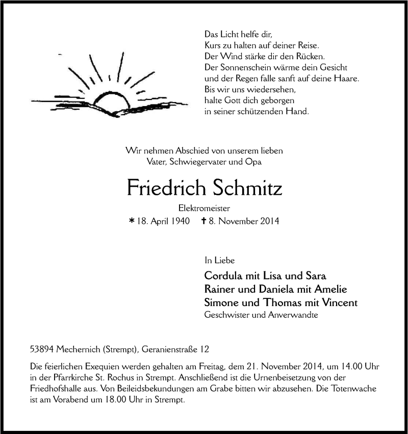  Traueranzeige für Friedrich Schmitz vom 15.11.2014 aus Kölner Stadt-Anzeiger / Kölnische Rundschau / Express