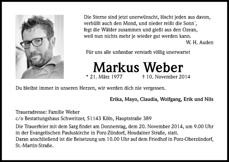  Traueranzeige für Markus Weber vom 15.11.2014 aus Kölner Stadt-Anzeiger / Kölnische Rundschau / Express