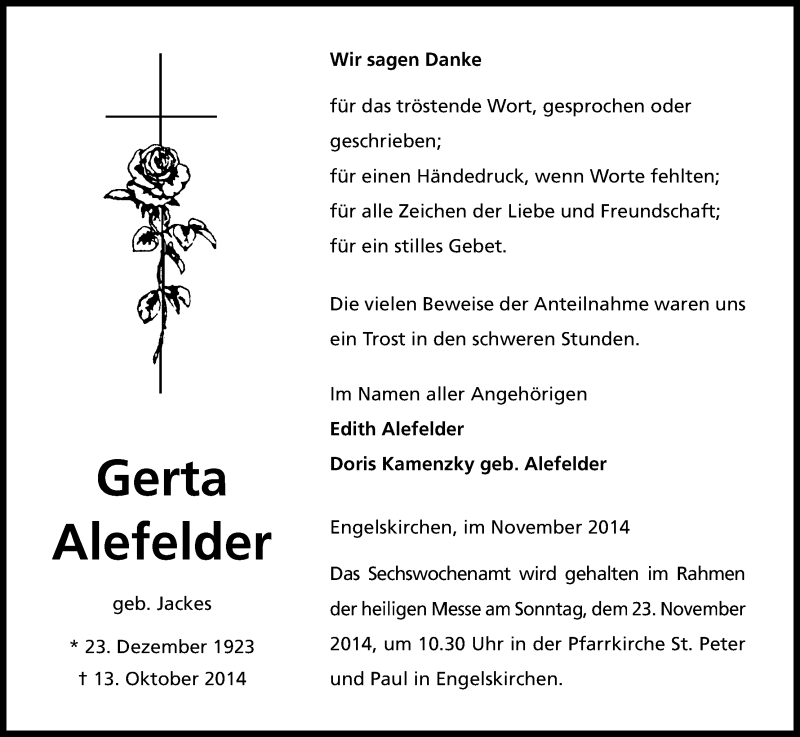  Traueranzeige für Gerta Alefelder vom 15.11.2014 aus Kölner Stadt-Anzeiger / Kölnische Rundschau / Express