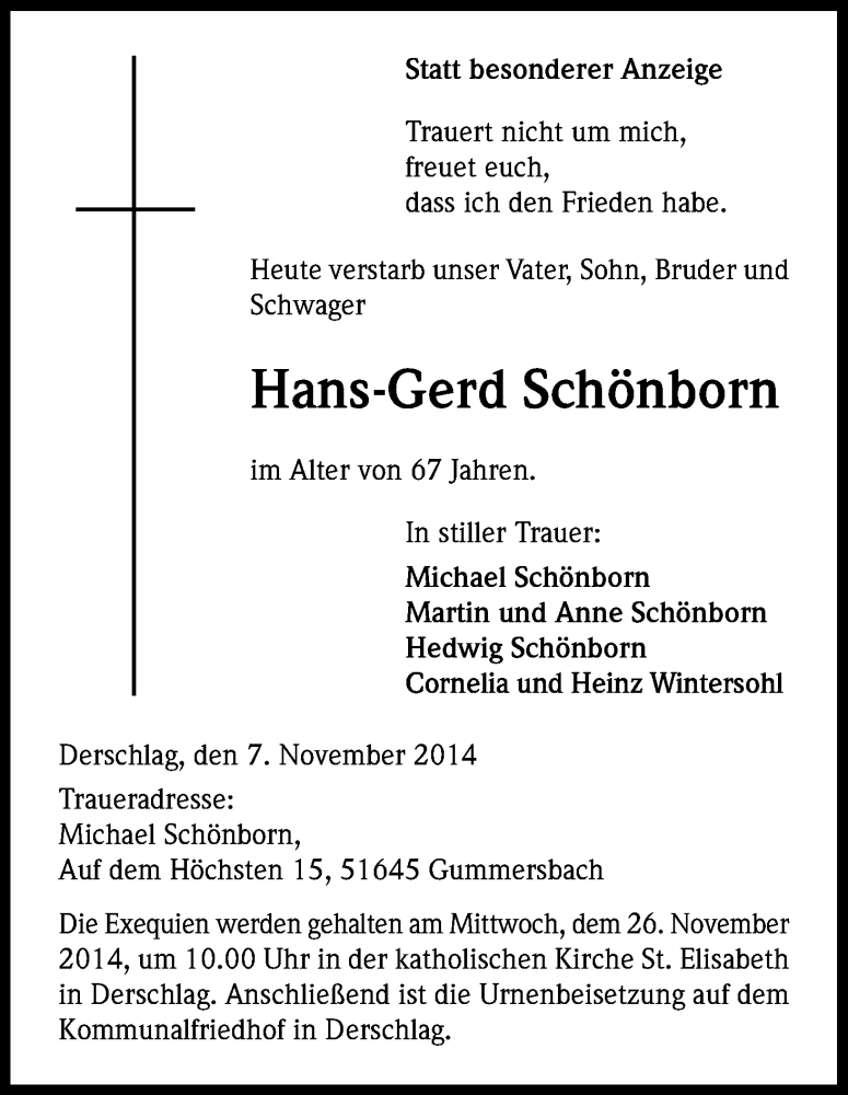  Traueranzeige für Hans-Gerd Schönborn vom 21.11.2014 aus Kölner Stadt-Anzeiger / Kölnische Rundschau / Express