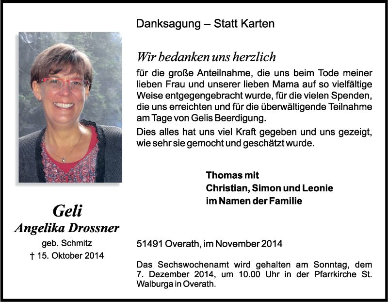  Traueranzeige für Angelika Drossner vom 22.11.2014 aus Kölner Stadt-Anzeiger / Kölnische Rundschau / Express