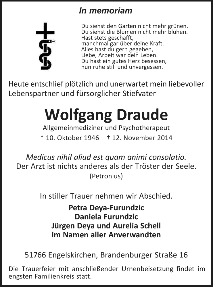  Traueranzeige für Wolfgang Draude vom 17.11.2014 aus Kölner Stadt-Anzeiger / Kölnische Rundschau / Express