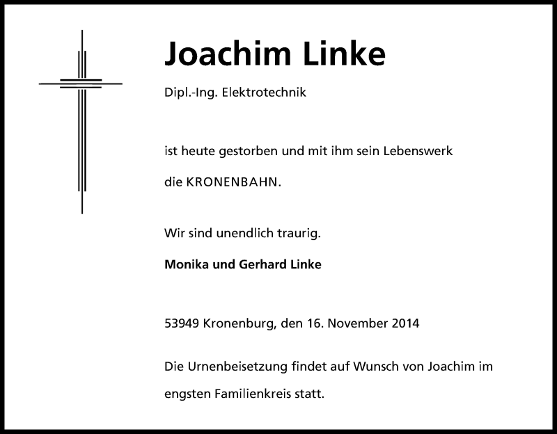  Traueranzeige für Joachim Linke vom 18.11.2014 aus Kölner Stadt-Anzeiger / Kölnische Rundschau / Express