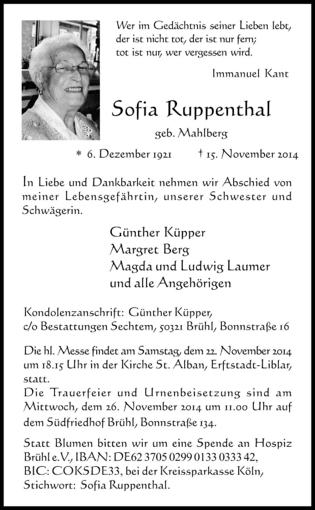  Traueranzeige für Sofia Ruppenthal vom 19.11.2014 aus Kölner Stadt-Anzeiger / Kölnische Rundschau / Express