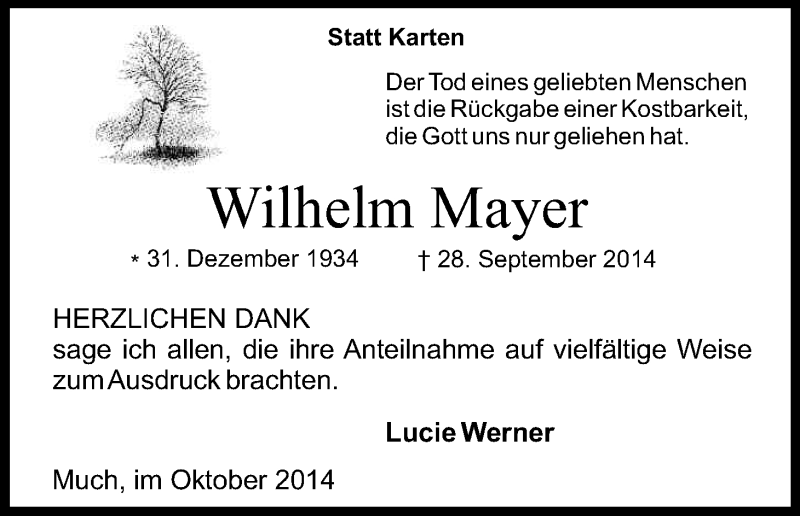  Traueranzeige für Wilhelm Mayer vom 21.11.2014 aus Kölner Stadt-Anzeiger / Kölnische Rundschau / Express