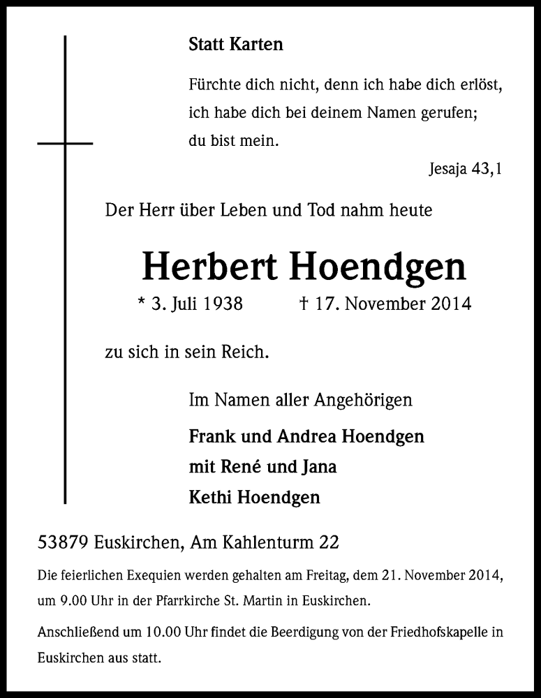  Traueranzeige für Herbert Hoendgen vom 19.11.2014 aus Kölner Stadt-Anzeiger / Kölnische Rundschau / Express