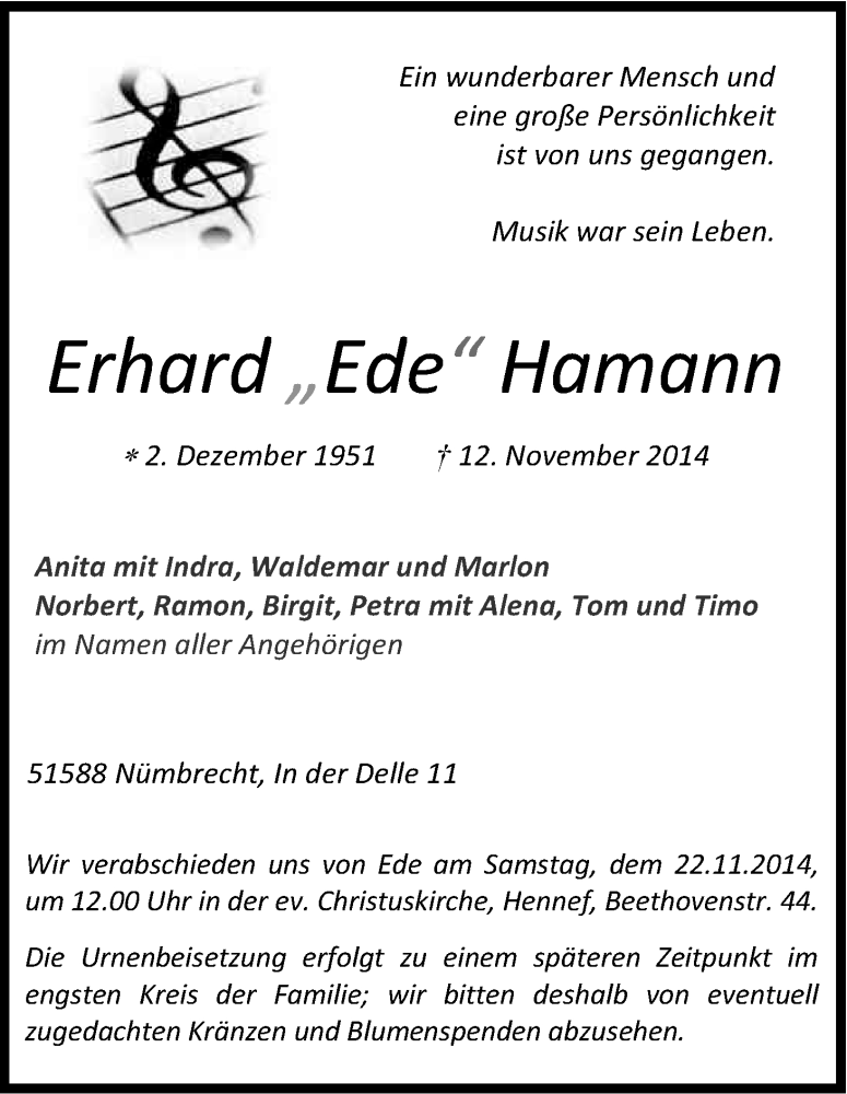  Traueranzeige für Erhard Hamann vom 19.11.2014 aus Kölner Stadt-Anzeiger / Kölnische Rundschau / Express