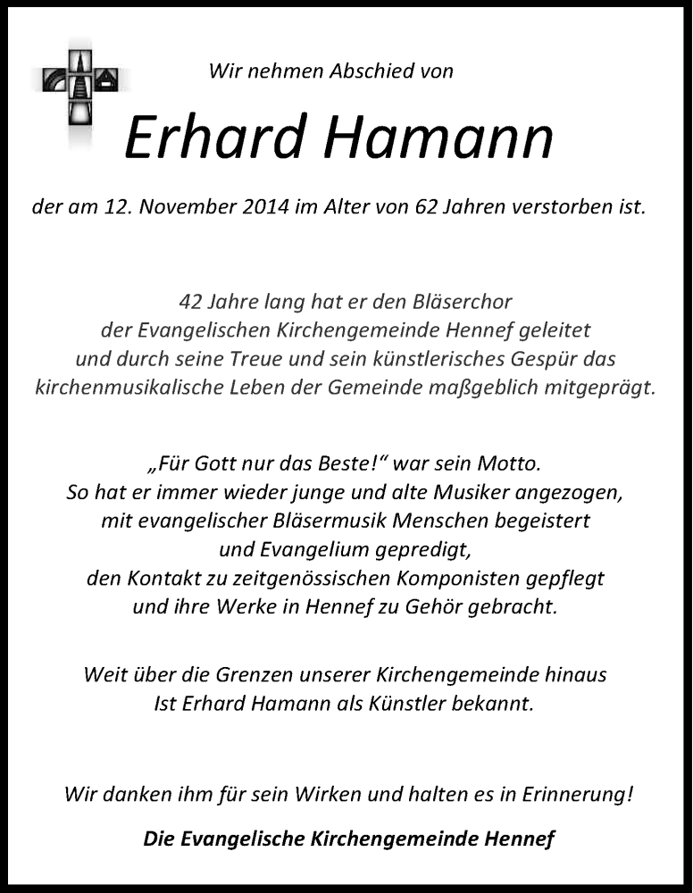  Traueranzeige für Erhard Hamann vom 19.11.2014 aus Kölner Stadt-Anzeiger / Kölnische Rundschau / Express