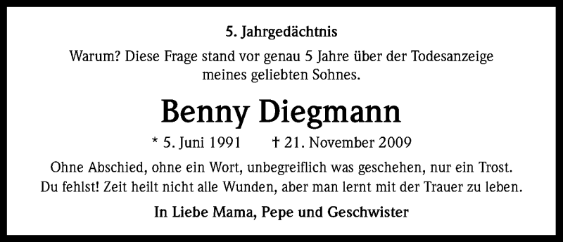  Traueranzeige für Benny Diegmann vom 21.11.2014 aus Kölner Stadt-Anzeiger / Kölnische Rundschau / Express