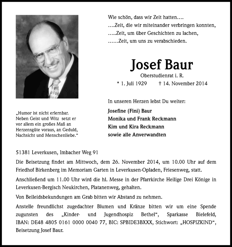  Traueranzeige für Josef Baur vom 21.11.2014 aus Kölner Stadt-Anzeiger / Kölnische Rundschau / Express
