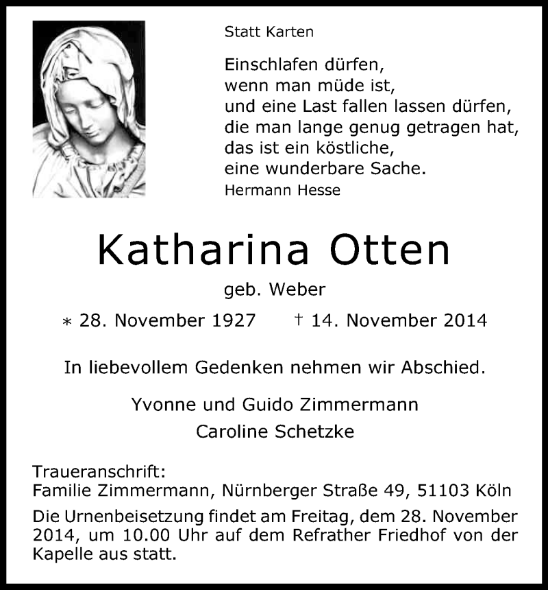  Traueranzeige für Katharina Otten vom 21.11.2014 aus Kölner Stadt-Anzeiger / Kölnische Rundschau / Express