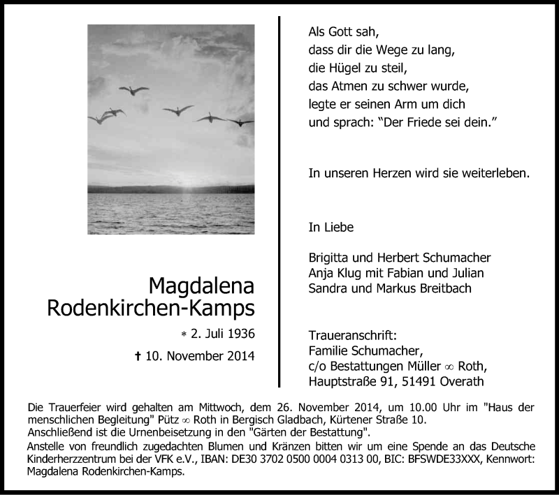  Traueranzeige für Magdalena Rodenkirchen-Kamps vom 21.11.2014 aus Kölner Stadt-Anzeiger / Kölnische Rundschau / Express