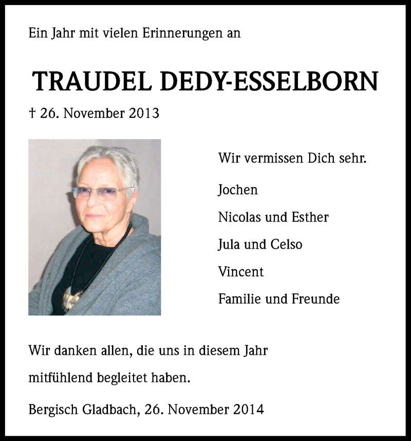  Traueranzeige für Traudel Dedy-Esselborn vom 26.11.2014 aus Kölner Stadt-Anzeiger / Kölnische Rundschau / Express