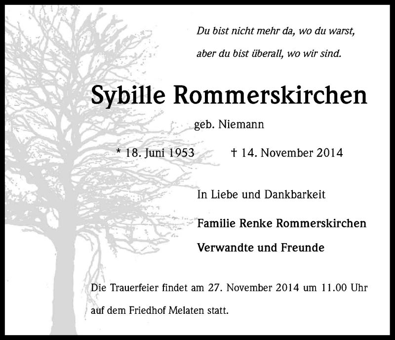  Traueranzeige für Sybille Rommerskirchen vom 22.11.2014 aus Kölner Stadt-Anzeiger / Kölnische Rundschau / Express