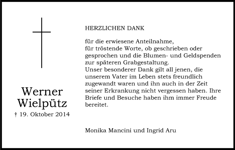  Traueranzeige für Werner Wielpütz vom 22.11.2014 aus Kölner Stadt-Anzeiger / Kölnische Rundschau / Express