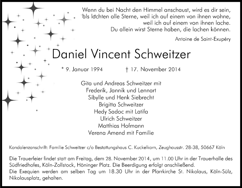 Traueranzeige für Daniel Vincent Schweitzer vom 22.11.2014 aus Kölner Stadt-Anzeiger / Kölnische Rundschau / Express