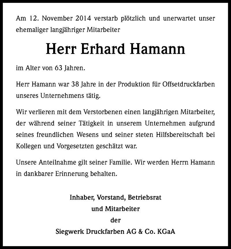  Traueranzeige für Erhard Hamann vom 21.11.2014 aus Kölner Stadt-Anzeiger / Kölnische Rundschau / Express