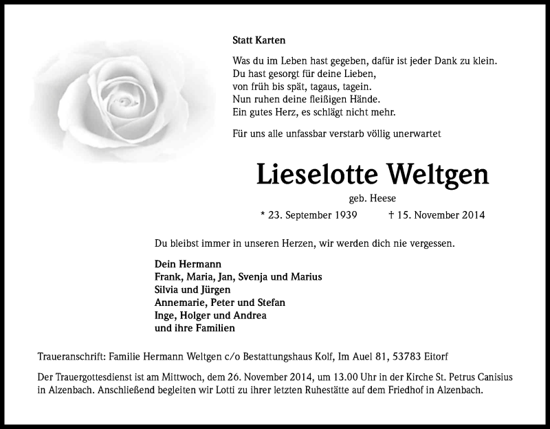  Traueranzeige für Lieselotte Weltgen vom 21.11.2014 aus Kölner Stadt-Anzeiger / Kölnische Rundschau / Express