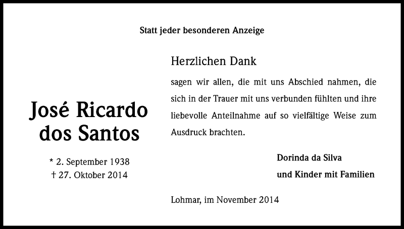  Traueranzeige für José Ricardo dos Santos vom 22.11.2014 aus Kölner Stadt-Anzeiger / Kölnische Rundschau / Express