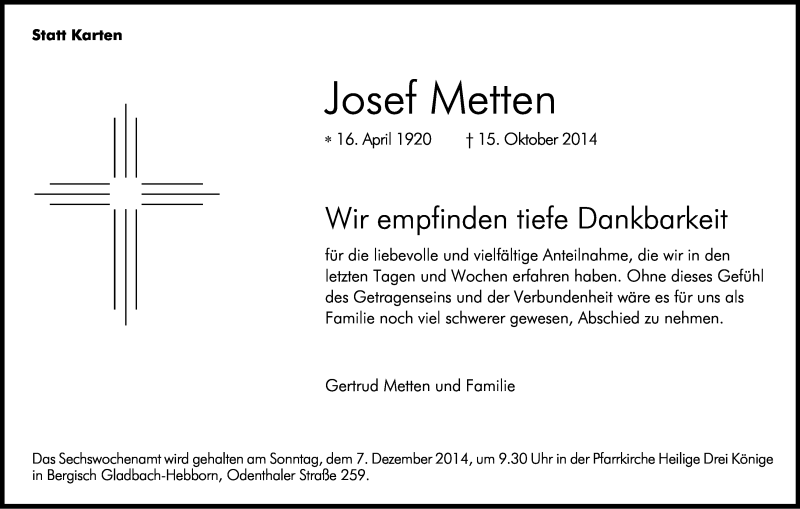  Traueranzeige für Josef Metten vom 22.11.2014 aus Kölner Stadt-Anzeiger / Kölnische Rundschau / Express