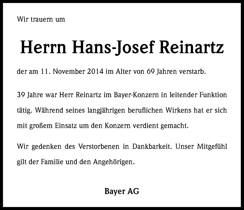  Traueranzeige für Hans-Josef Reinartz vom 21.11.2014 aus Kölner Stadt-Anzeiger / Kölnische Rundschau / Express