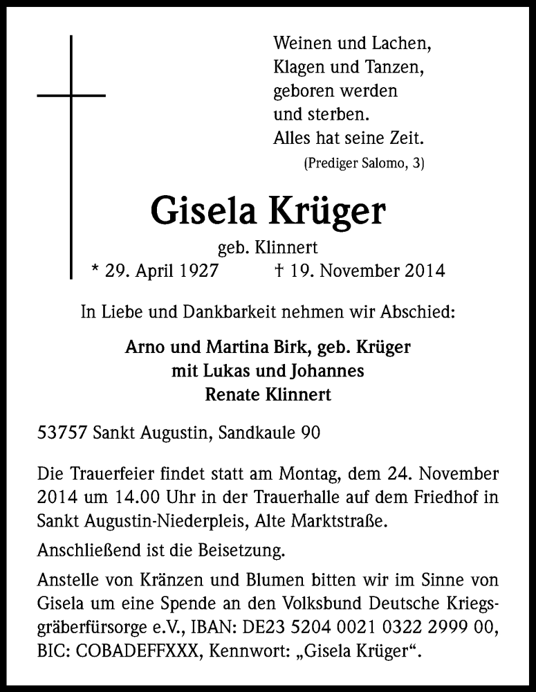  Traueranzeige für Gisela Krüger vom 21.11.2014 aus Kölner Stadt-Anzeiger / Kölnische Rundschau / Express