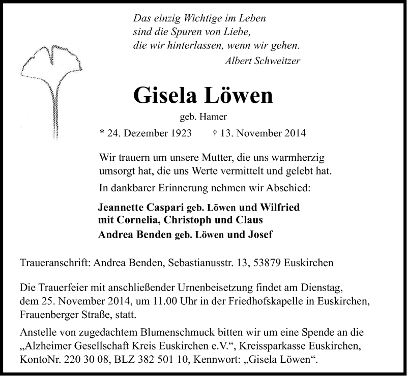  Traueranzeige für Gisela Löwen vom 21.11.2014 aus Kölner Stadt-Anzeiger / Kölnische Rundschau / Express