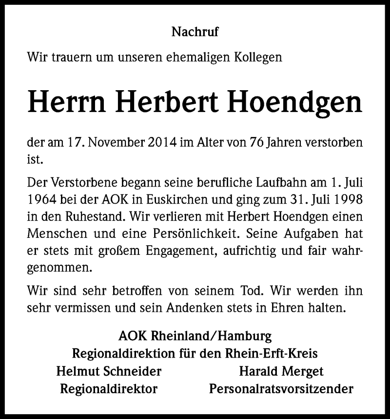  Traueranzeige für Herbert Hoendgen vom 21.11.2014 aus Kölner Stadt-Anzeiger / Kölnische Rundschau / Express