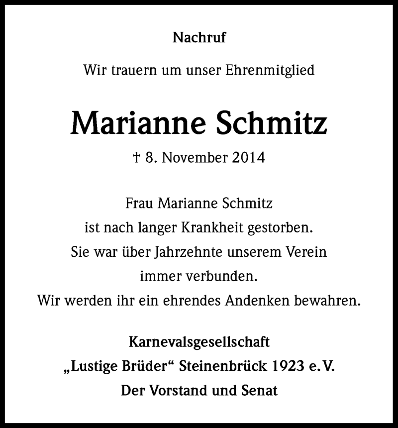  Traueranzeige für Marianne Schmitz vom 21.11.2014 aus Kölner Stadt-Anzeiger / Kölnische Rundschau / Express