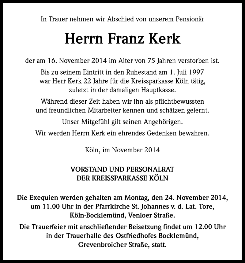  Traueranzeige für Franz Kerk vom 24.11.2014 aus Kölner Stadt-Anzeiger / Kölnische Rundschau / Express