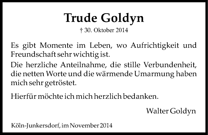  Traueranzeige für Trude Goldyn vom 22.11.2014 aus Kölner Stadt-Anzeiger / Kölnische Rundschau / Express